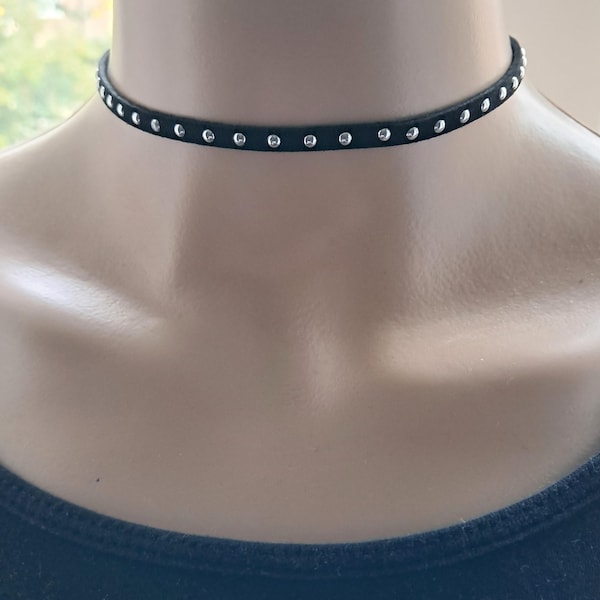 Black Faux Suede Studded Choker: Silver Studs, Vegan