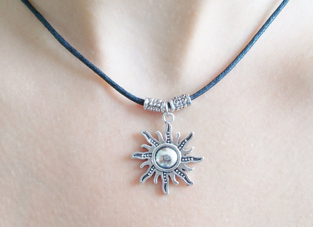 Silver Sun Necklace Black Cord Necklace Celestial Necklace Fashion ...