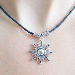 Silver Sun Charm Necklace: Black Cord, Adjustable Celestial Jewelry