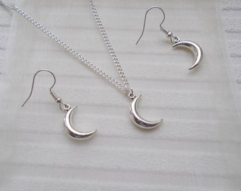 Silver Moon Necklace and Earrings Set: Minimalist Jewelry