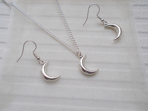 Silver Moon Necklace and Earrings Set: Minimalist Jewelry
