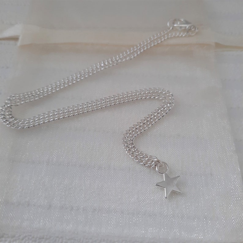 May include: A silver chain necklace with a small silver star charm.