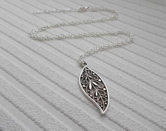 Long Silver Leaf Necklace: Filigree Charm, Women's Jewelry