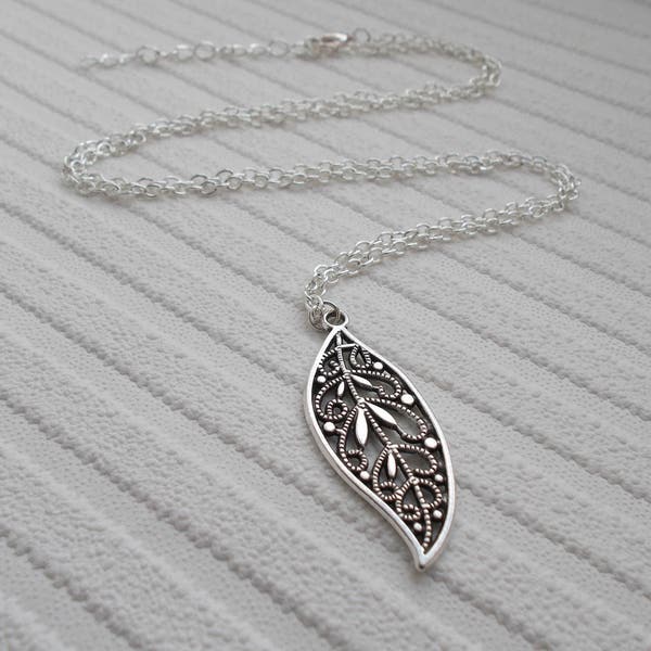 long silver necklace, leaf necklace, everyday jewellery, fashion necklace, handmade jewellery, nature gift for women