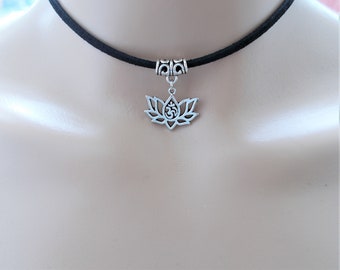 Lotus Om Choker: Black Faux Suede, Silver Tone Charm