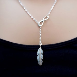 lariat necklace - silver necklace - infinity jewellery - elegant infinity feather necklace