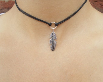 Silver Feather Choker: Black Cord Boho Necklace, Adjustable Length