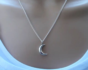 Dainty silver moon necklace, simple minimalist jewellery for women
