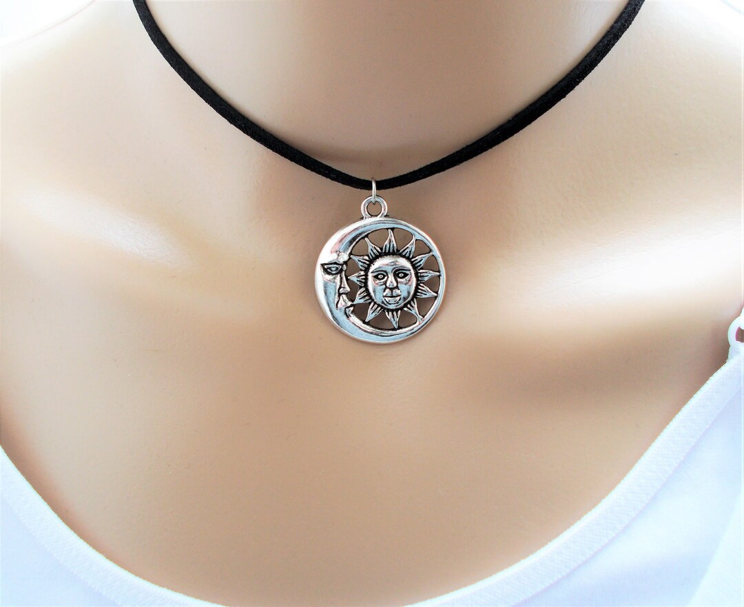 Silver Sun and Moon Adjustable Choker Necklace on Black Faux Suede ...
