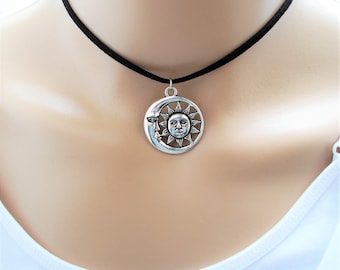 silver sun and moon adjustable choker necklace on black faux suede, grunge jewellery for her