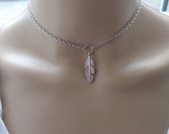 Silver Feather Choker: Dainty Boho Necklace, chain choker for her