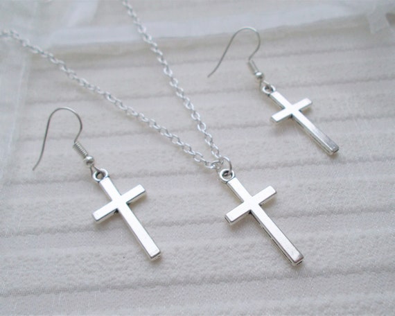 Silver Cross Necklace and Earrings Set a Lovely Little Gift for a