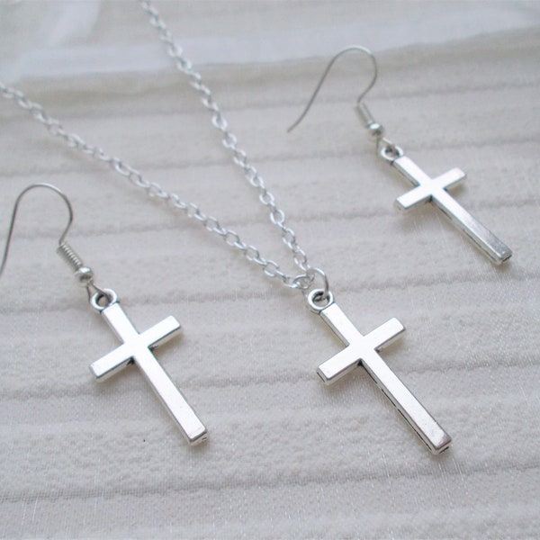 silver cross necklace and earrings set, a lovely little gift for a friend, partner or loved one