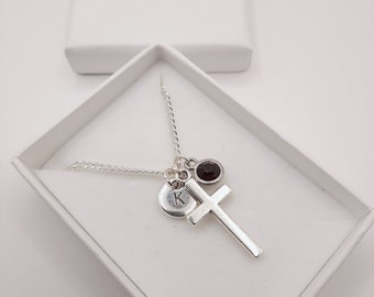 cross necklace with initial and birthstone, silver cross necklace in gift box, personalised gift for her