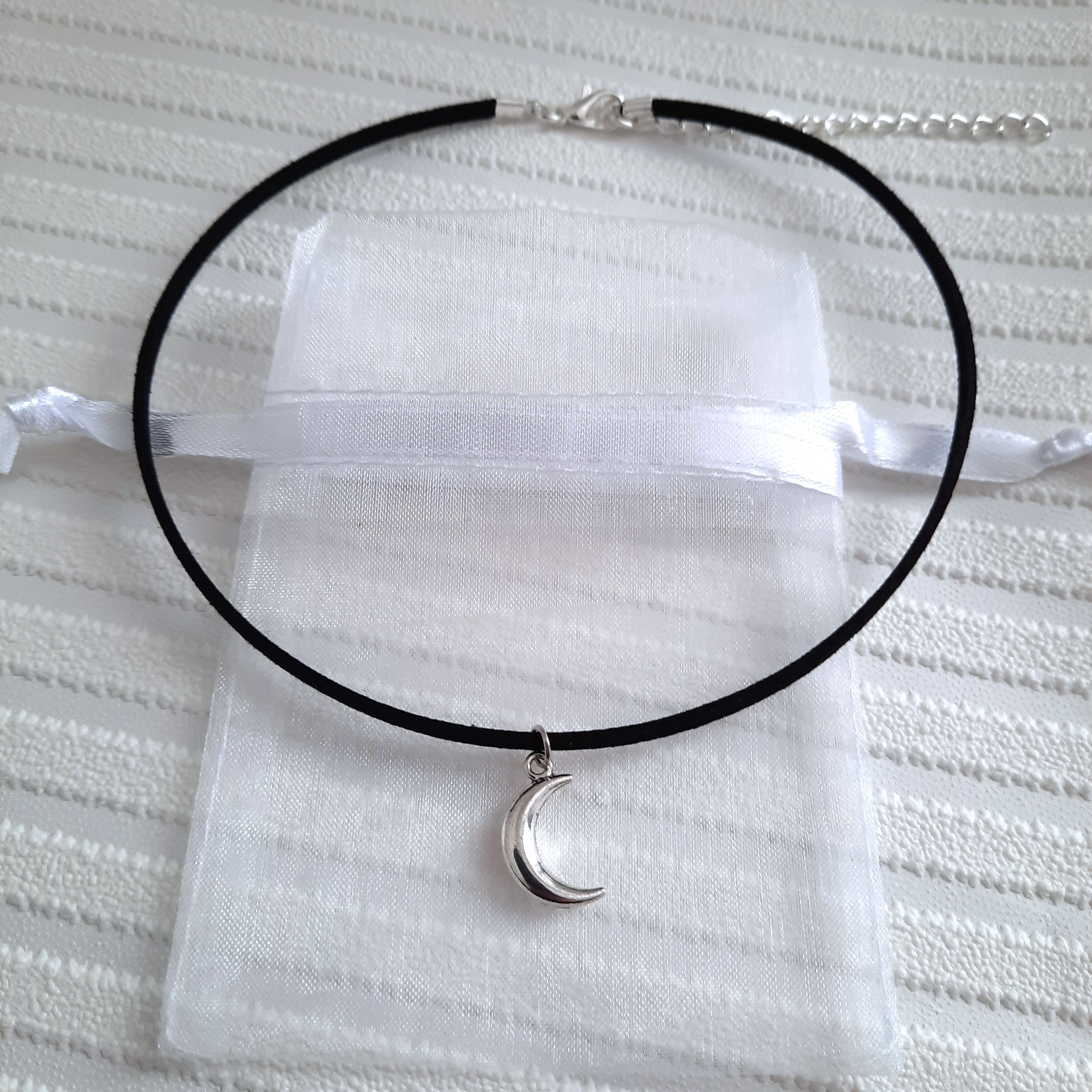 Moon Choker Necklace, a Black Cord Choker With Silver Moon Charm - Etsy