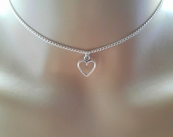 silver heart choker necklace, a dainty chain choker with heart charm, simple chokers for women