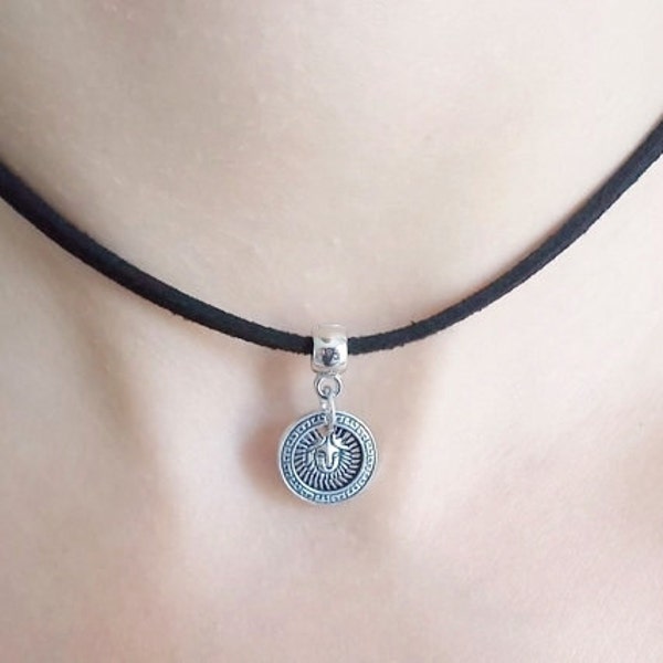 sun god choker, a minimalist black choker necklace with silver charm, everyday grunge jewellery for women