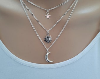 silver star, sun and moon necklace set, triple layer necklace with charms, set of 3 simple necklaces for her, choose lengths