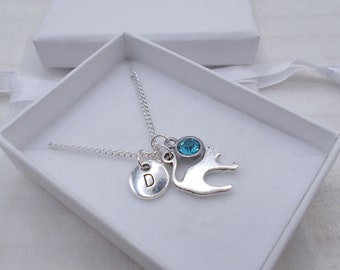 Silver cat necklace with initial and birthstone charms