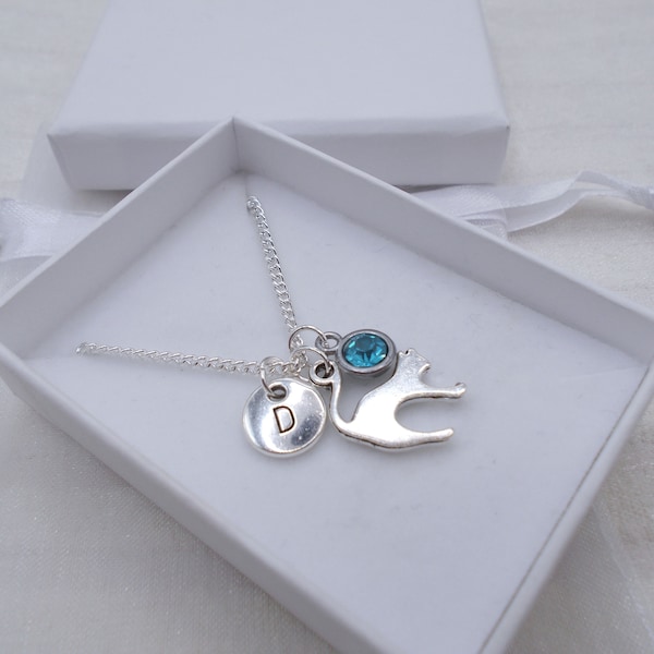 Silver cat necklace with initial and birthstone charms