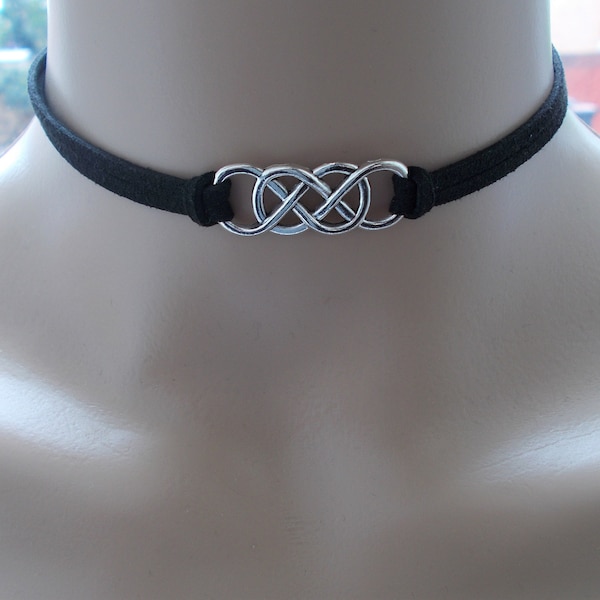 double infinity choker, black faux suede double choker, vegan friendly jewellery for women, vegan gift for her, infinity jewellery