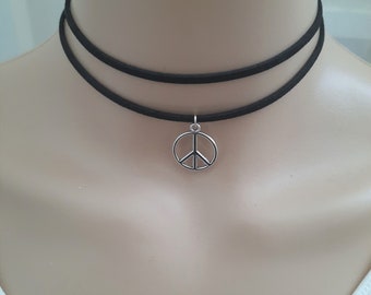 double wrap peace choker necklace, black cord double choker with charm, boho jewellery for women