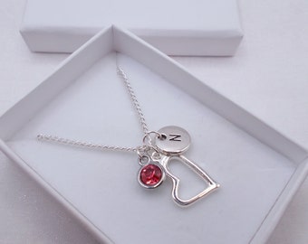 silver heart necklace in gift box, personalised heart necklace with initial and birthstone, birthday gift for loved one