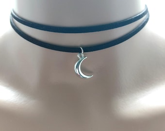 Silver moon choker, black faux suede wrap with charm, indie aesthetic
