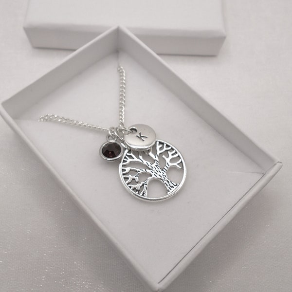 silver tree of life necklace with birthstone and initial, personalised tree of life necklace, necklace in gift box