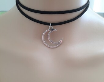 black double wrap choker with moon charm, layered choker necklace with charm, celestial jewellery for her