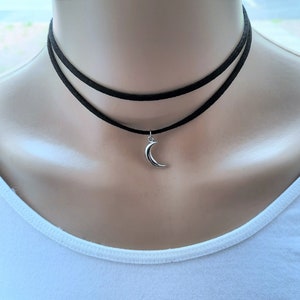 moon choker, black double wrap choker with silver moon charm