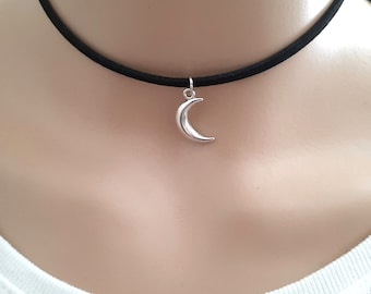 moon choker necklace, a black cord choker with silver moon charm