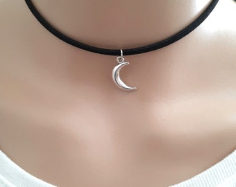 moon choker necklace, a black cord choker with silver moon charm