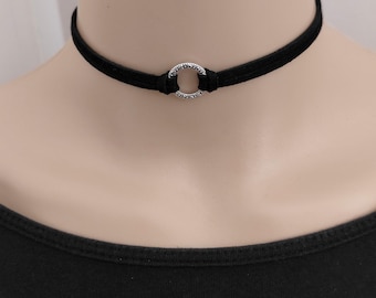 Silver ring choker: Black choker necklace with centre ring, little gift for her