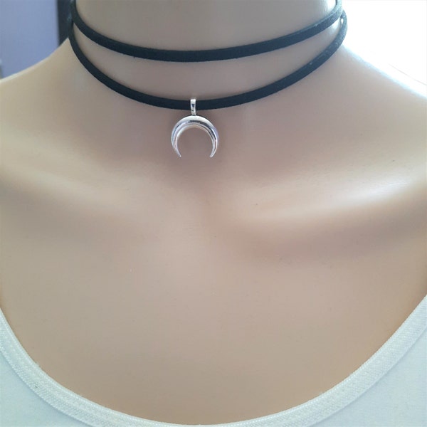 double horn / crescent moon choker - a black double wrap choker with charm - layered choker made with faux suede