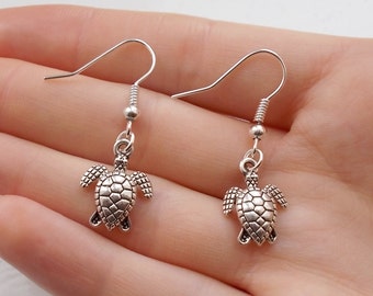 Handmade Silver Plated Turtle Drop Earrings: Animal Jewelry