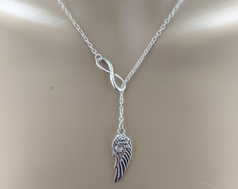 Angel wing necklace with infinity, ethereal jewellery for women, minimalist silver necklace