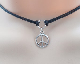 black double cord peace choker necklace, boho jewellery for her, simple choker with charm, hippie choker