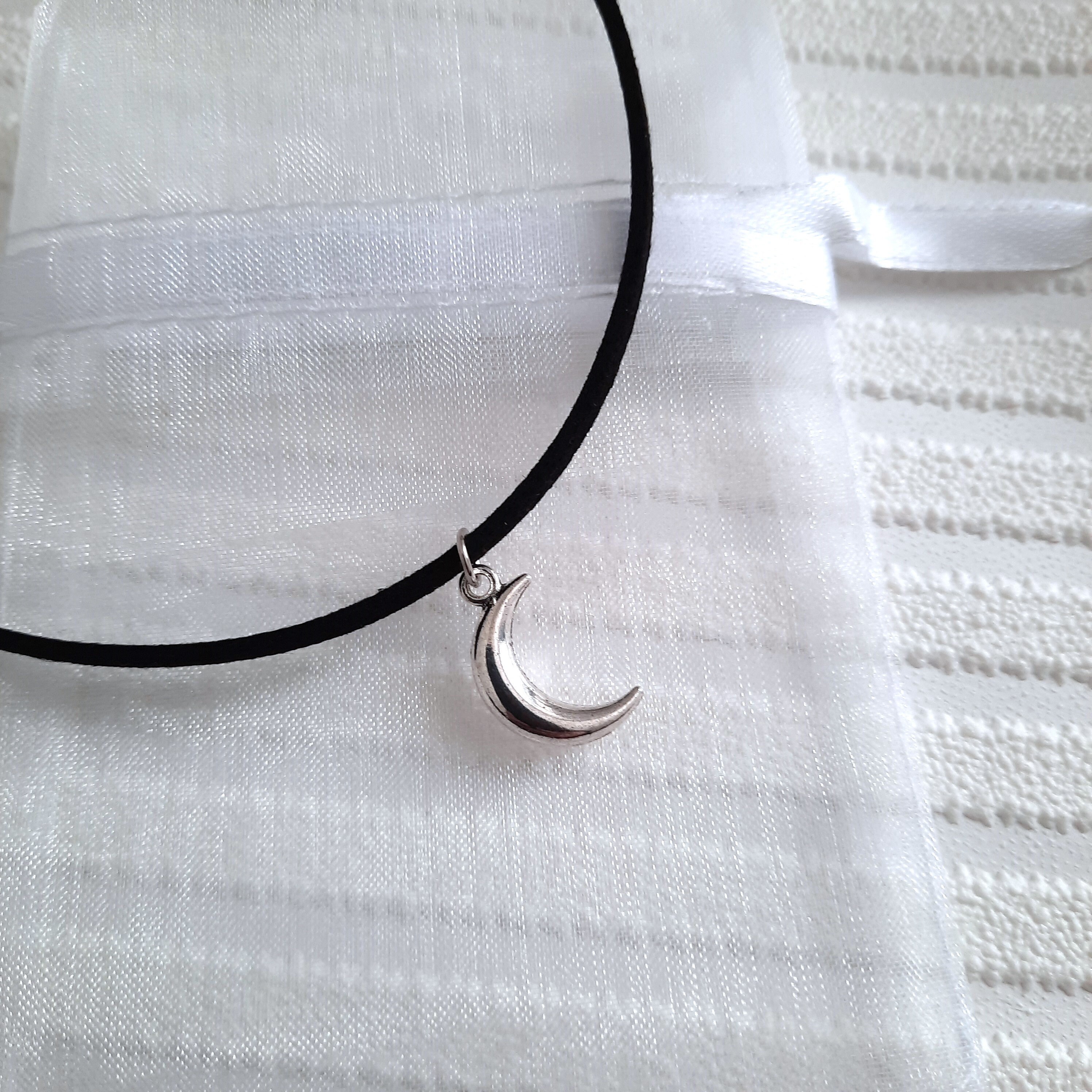 Moon Choker Necklace, a Black Cord Choker With Silver Moon Charm - Etsy