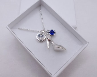 Stiletto Shoe Necklace: Silver Initial & Birthstone Charm