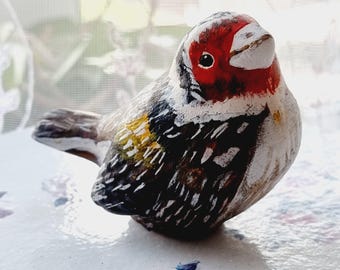 Handmade Ceramic Bird Figurine, Hand-Painted Red-Headed Songbird Decor, Birds watching Gift