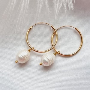 Gold Plated Hoop Earrings: White Freshwater Pearl Huggies