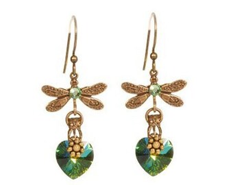 Handmade earrings with dragonflies, Vitrail medium color, Swarovski hearts earrings, Unique gift for jewelry lover, Artisan earrings