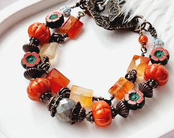 Victorian style bracelet with carnelian and high quality Czech glass beads, Handmade vintage bracelet, Shabby chic jewelry, Orange bracelet