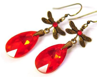 Dragonfly Drop Earrings in Vintage Style, Red Victorian Earrings with Swarovski Crystals, Handmade Antique Style Earrings, Dragonfly Jewelry