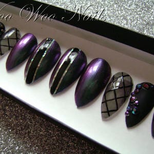 Custom Painted False Nails | Press on Nails | Chameleon | Full Cover | Blue Purple | Cured Gel Polish