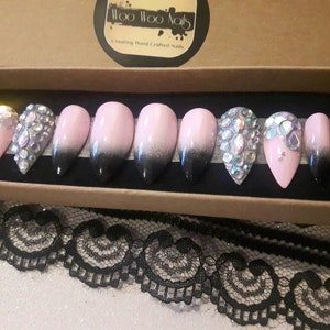 Pink Black Gradient | Hand Painted False Nails | Custom Made Gel | Press on Nails | Crystal Embellished