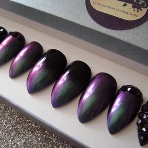 Reusable Nails | Cured Gel Nails | Purple Blue Chameleon | Ombre Gradient Hand Painted | Press on Nails | Pop on Nails | Rhinestones Studs