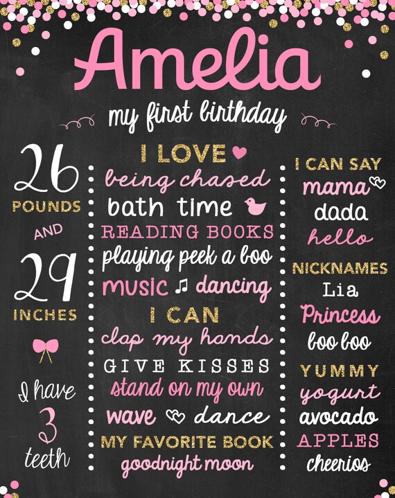 Chalkboard Birthday Facts Glitter 1st Birthday | Etsy