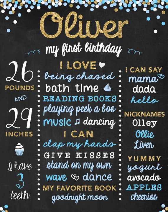 Boy First Birthday Stats Sign One Year Old Baby Birthday Etsy